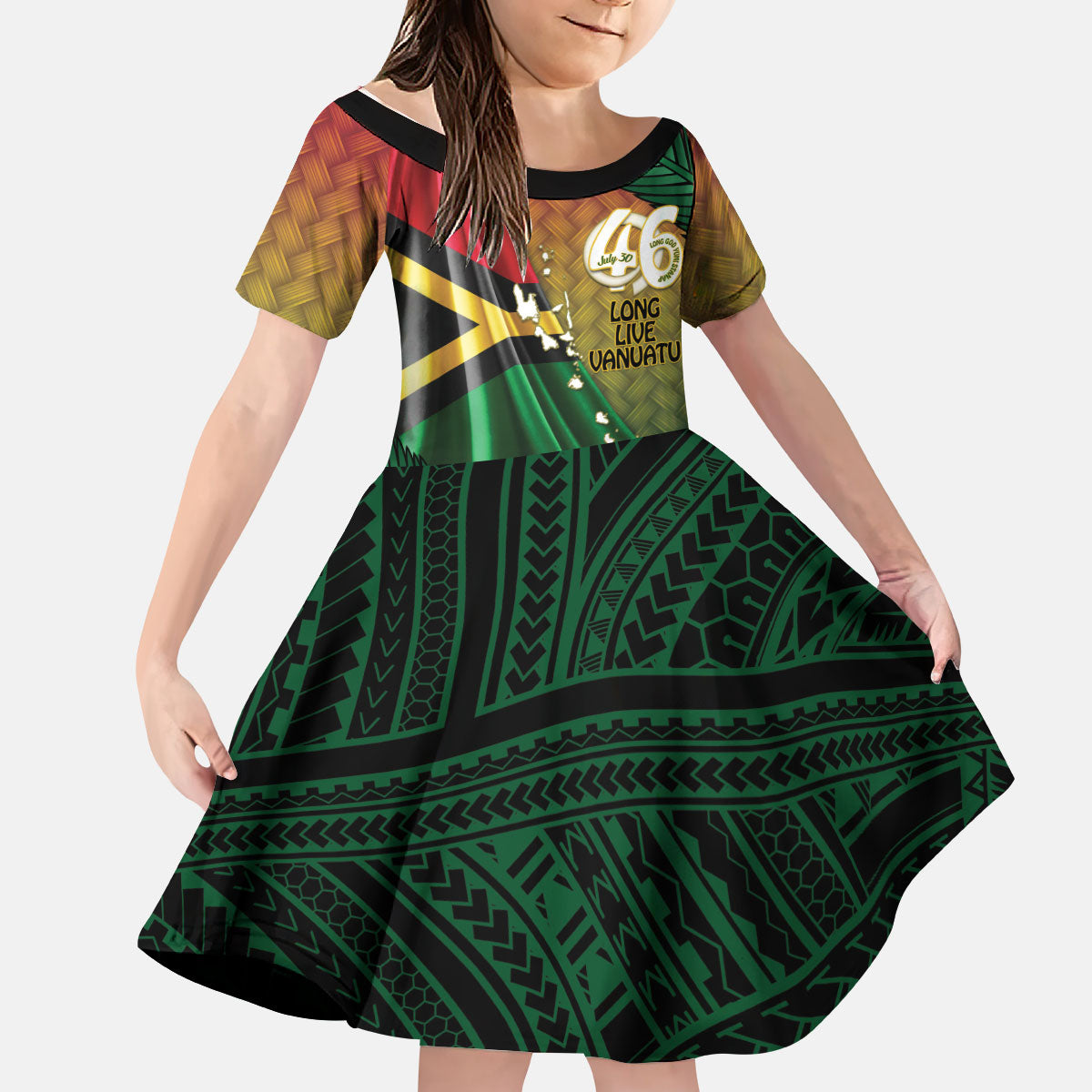 Personalised Long Live Vanuatu Independence Day Kid Short Sleeve Dress 46th Anniversary Woven Pattern LT14 KID Reggae - Polynesian Pride