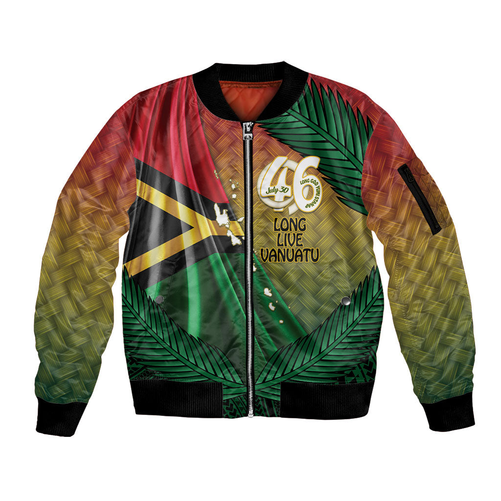Personalised Long Live Vanuatu Independence Day Sleeve Zip Bomber Jacket 46th Anniversary Woven Pattern LT14 Unisex Reggae - Polynesian Pride