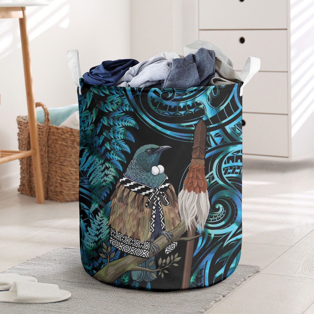 New Zealand Tui Bird Taiaha Laundry Basket Maori Weapon Paua Shell Mix Silver Fern LT14 Turquoise - Polynesian Pride