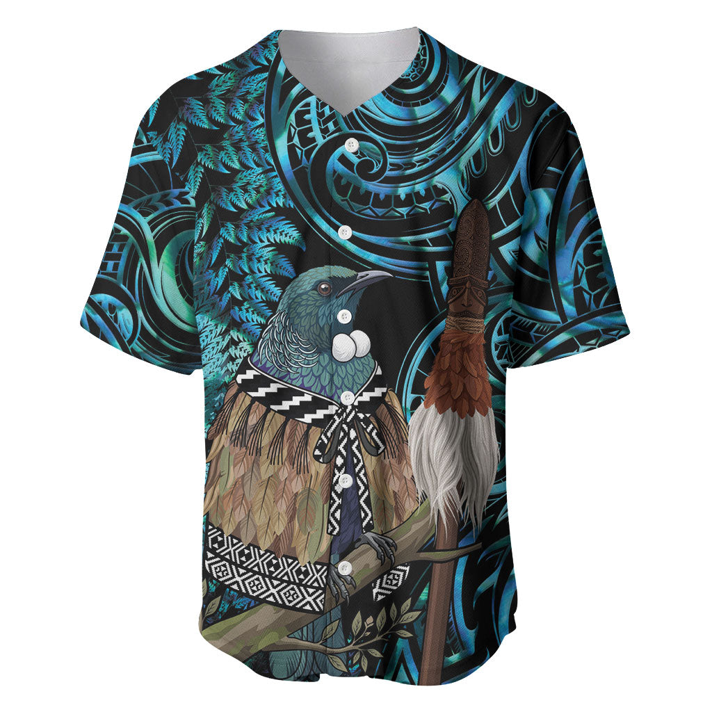 New Zealand Tui Bird Taiaha Baseball Jersey Maori Weapon Paua Shell Mix Silver Fern LT14 Turquoise - Polynesian Pride