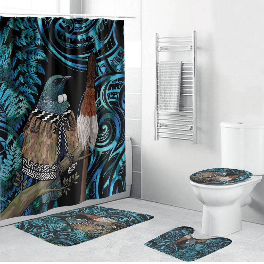 New Zealand Tui Bird Taiaha Bathroom Set Maori Weapon Paua Shell Mix Silver Fern LT14 Bathroom Set (4 pcs) Turquoise - Polynesian Pride