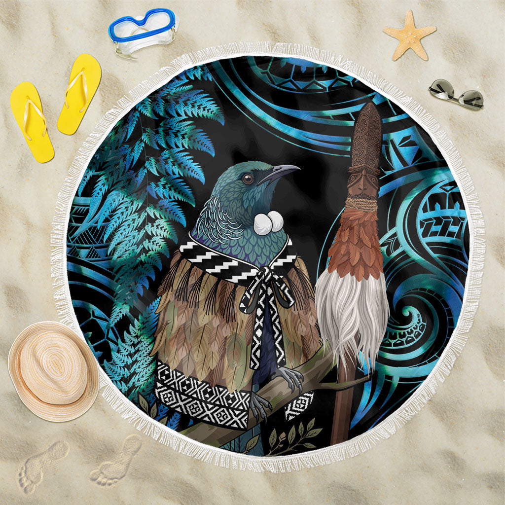 New Zealand Tui Bird Taiaha Beach Blanket Maori Weapon Paua Shell Mix Silver Fern LT14 One Size 150cm Turquoise - Polynesian Pride
