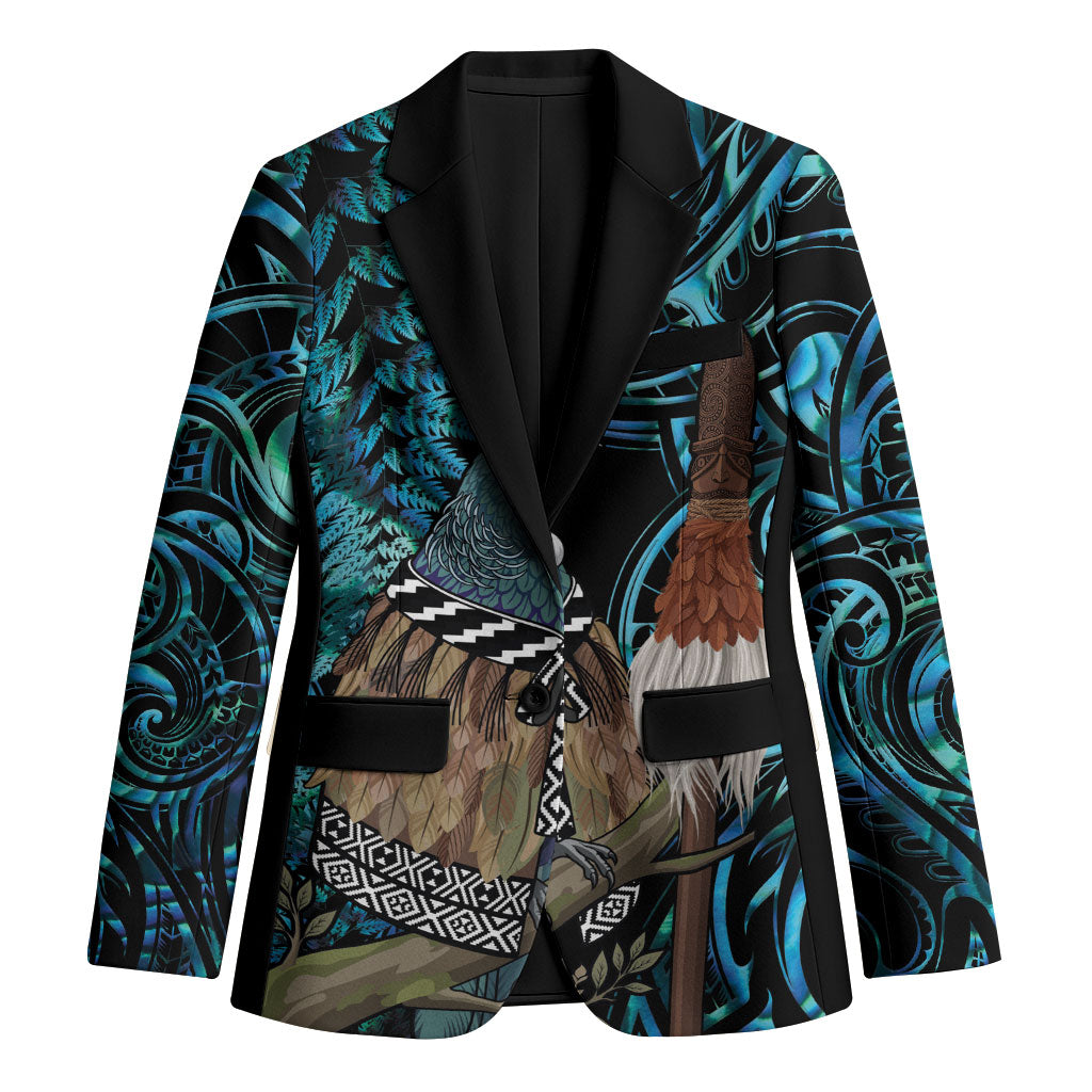 New Zealand Tui Bird Taiaha Blazer Maori Weapon Paua Shell Mix Silver Fern LT14 Unisex Turquoise - Polynesian Pride