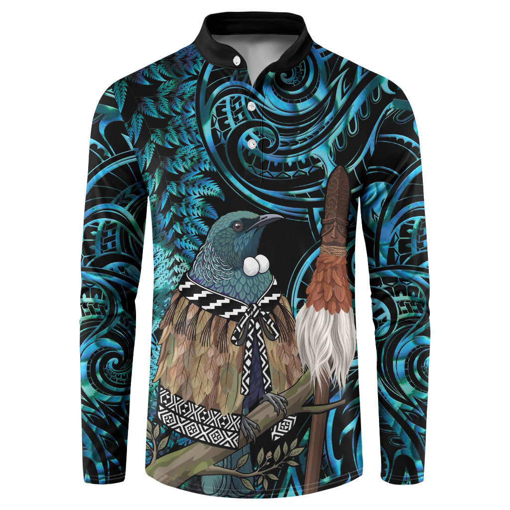 New Zealand Tui Bird Taiaha Button Sweatshirt Maori Weapon Paua Shell Mix Silver Fern LT14 Turquoise - Polynesian Pride