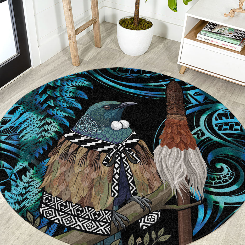 New Zealand Tui Bird Taiaha Round Carpet Maori Weapon Paua Shell Mix Silver Fern LT14 Turquoise - Polynesian Pride