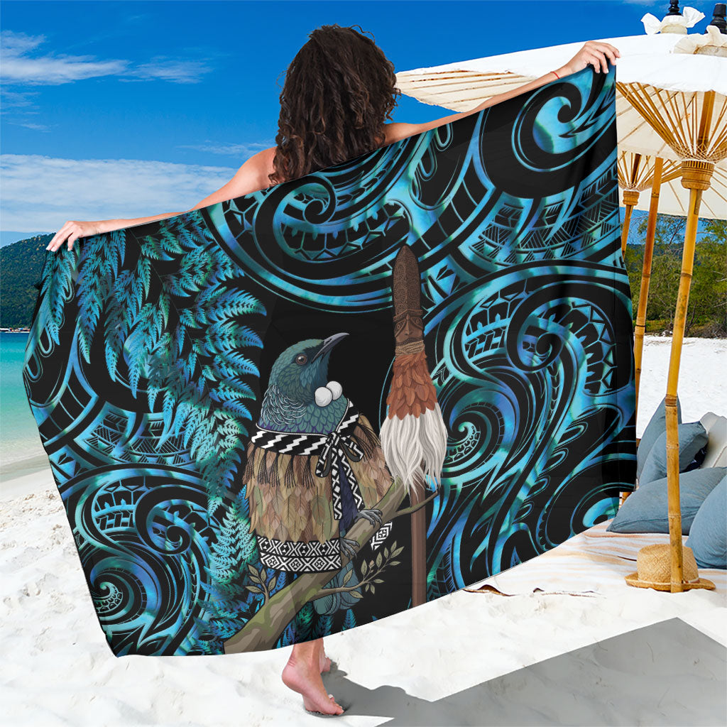 New Zealand Tui Bird Taiaha Sarong Maori Weapon Paua Shell Mix Silver Fern LT14 One Size 44 x 66 inches Turquoise - Polynesian Pride