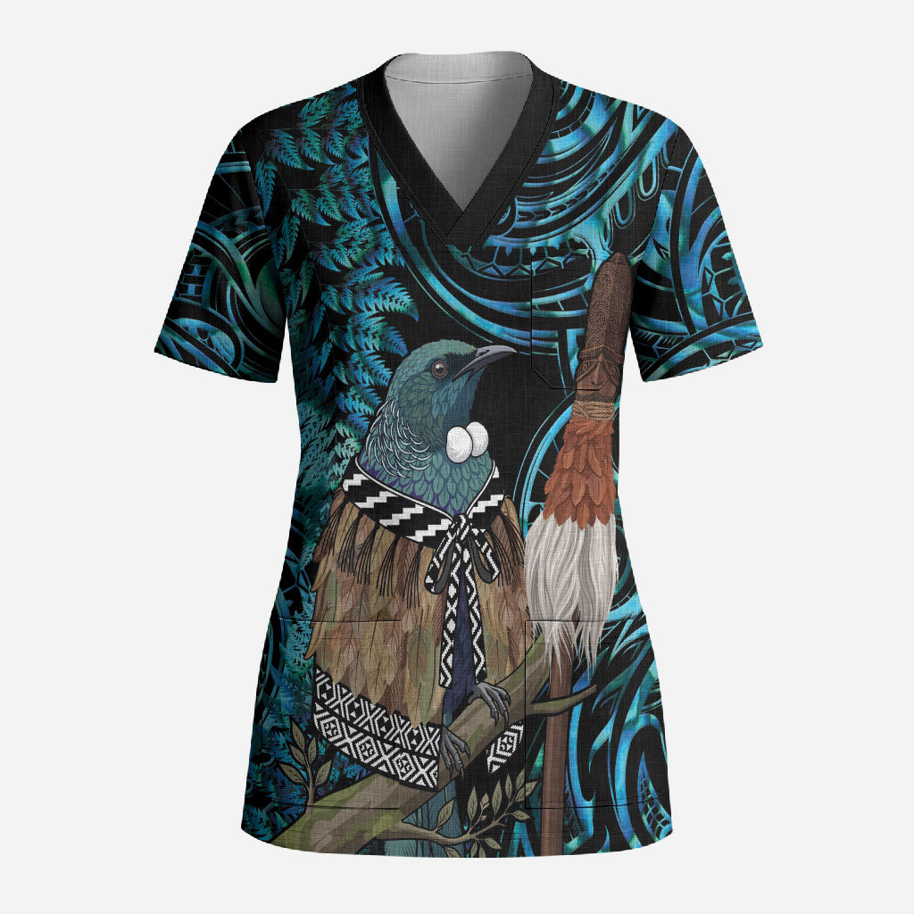New Zealand Tui Bird Taiaha Scrub Top Maori Weapon Paua Shell Mix Silver Fern LT14 Adult Turquoise - Polynesian Pride