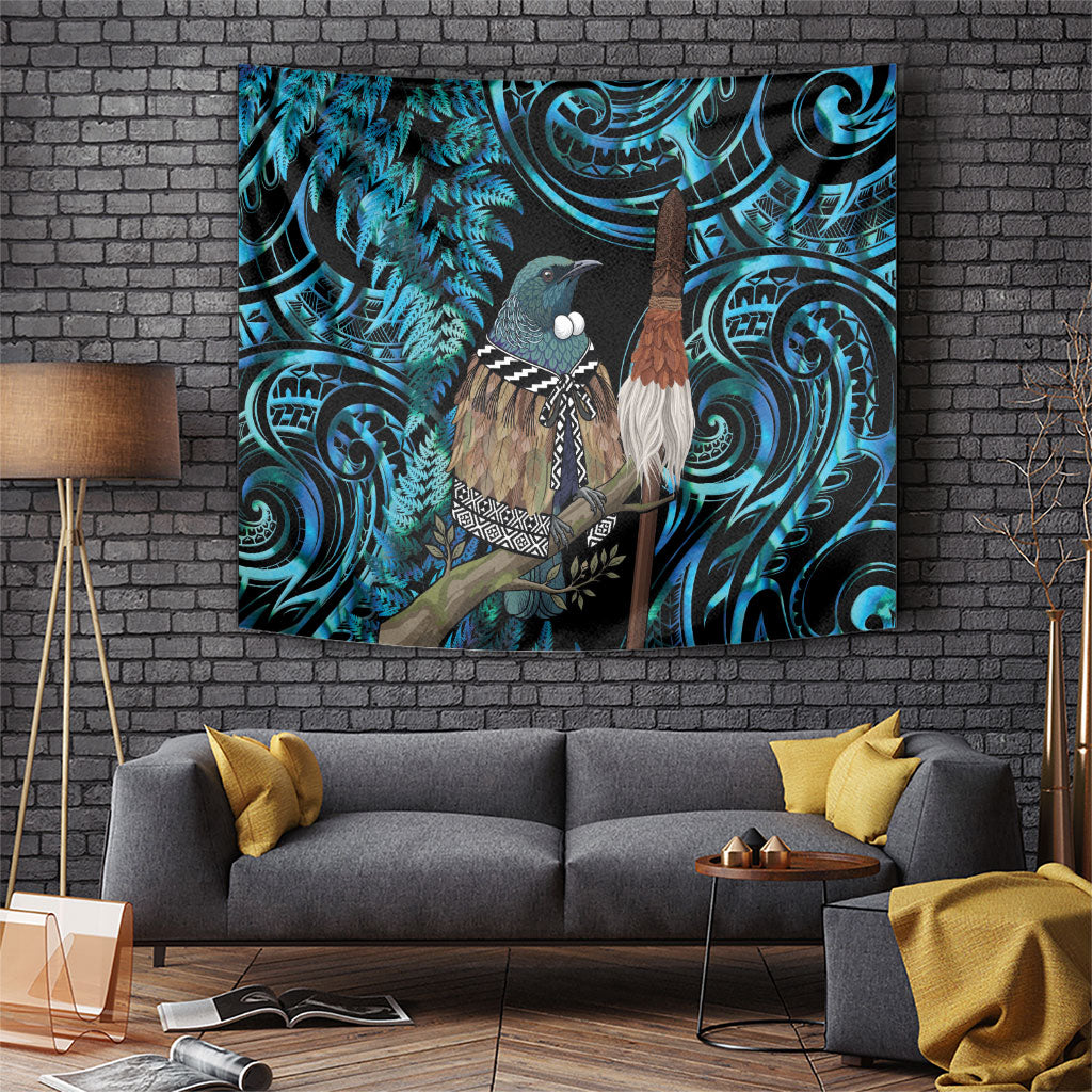 New Zealand Tui Bird Taiaha Tapestry Maori Weapon Paua Shell Mix Silver Fern LT14 Turquoise - Polynesian Pride