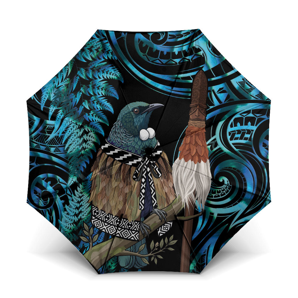 New Zealand Tui Bird Taiaha Umbrella Maori Weapon Paua Shell Mix Silver Fern LT14 One Size Folded 11.42 inch Opened Diameter 37.4 inch Turquoise - Polynesian Pride