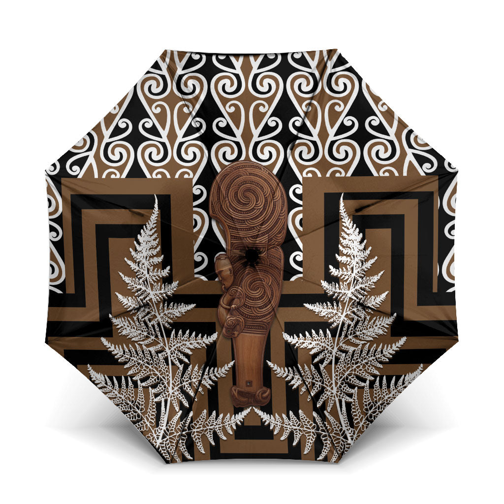 Wahaika New Zealand Umbrella Maori Weapon Kowhaiwhai Fern Poutama Motifs LT14 One Size Folded 11.42 inch Opened Diameter 37.4 inch Brown - Polynesian Pride