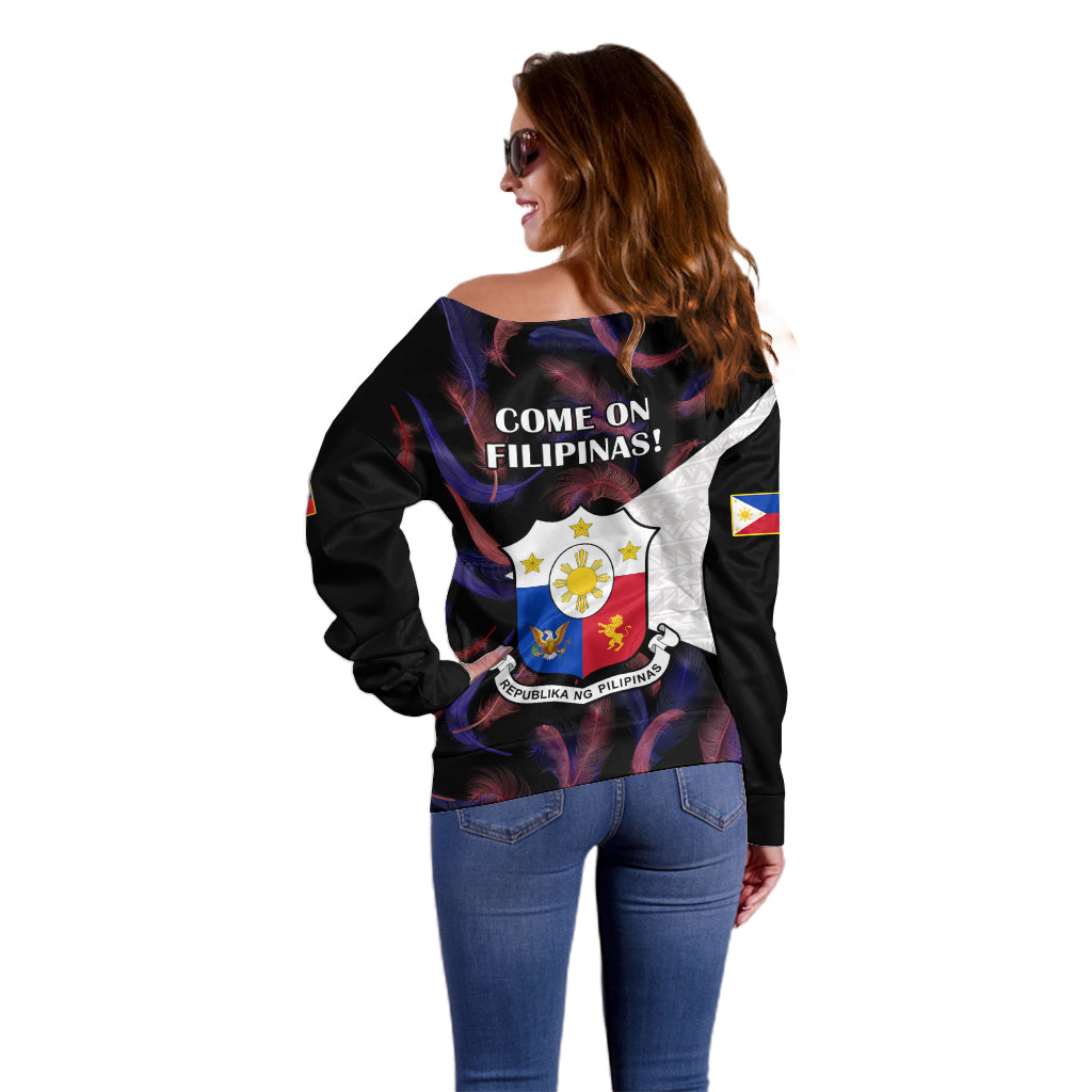 Philippines Football Off Shoulder Sweater 2023 World Cup Go Filipinas Feather Black Version LT14 - Polynesian Pride