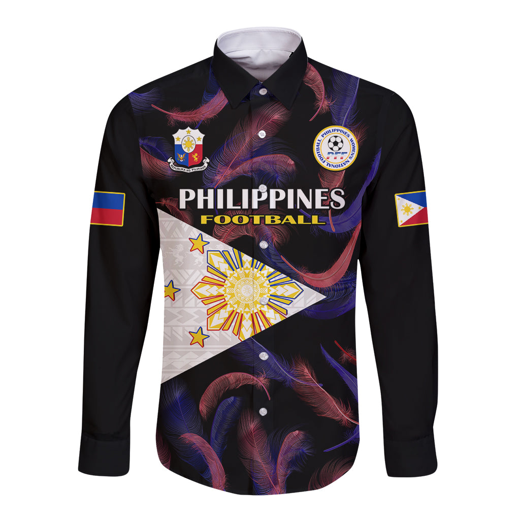 Custom Philippines Football Long Sleeve Button Shirt 2023 World Cup Go Filipinas Feather Black Version LT14 Unisex Black - Polynesian Pride