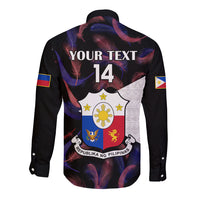 Custom Philippines Football Long Sleeve Button Shirt 2023 World Cup Go Filipinas Feather Black Version LT14 - Polynesian Pride