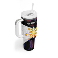 Custom Philippines Football Tumbler With Handle World Cup Go Filipinas Feather Black Version LT14 - Polynesian Pride