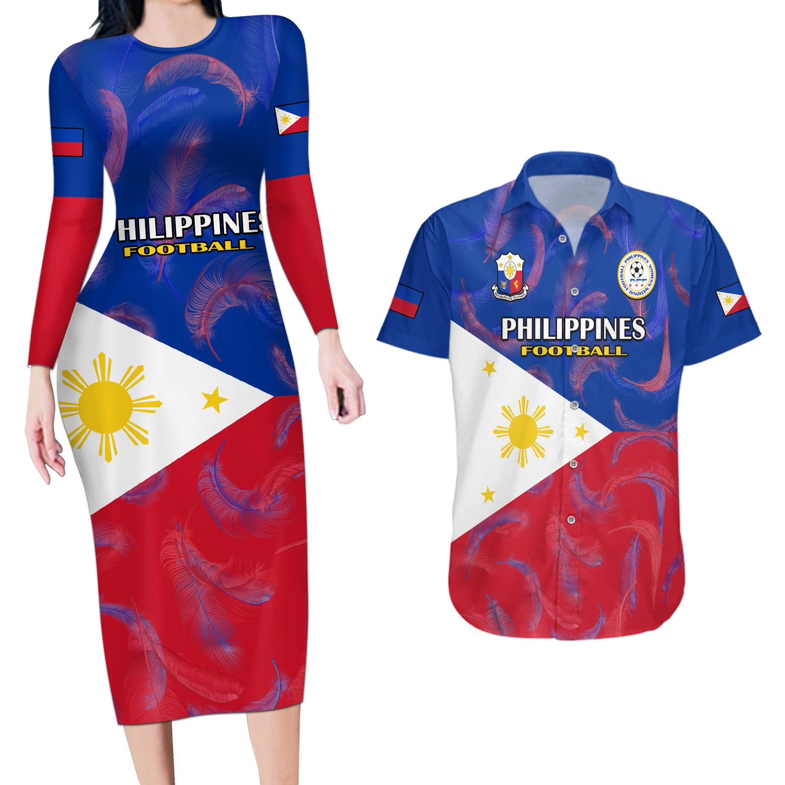 Philippines Football Couples Matching Long Sleeve Bodycon Dress and Hawaiian Shirt 2023 World Cup Go Filipinas Feather Flag Version LT14 Blue - Polynesian Pride