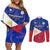 Philippines Football Couples Matching Off Shoulder Short Dress and Long Sleeve Button Shirts 2023 World Cup Go Filipinas Feather Flag Version LT14 Blue - Polynesian Pride