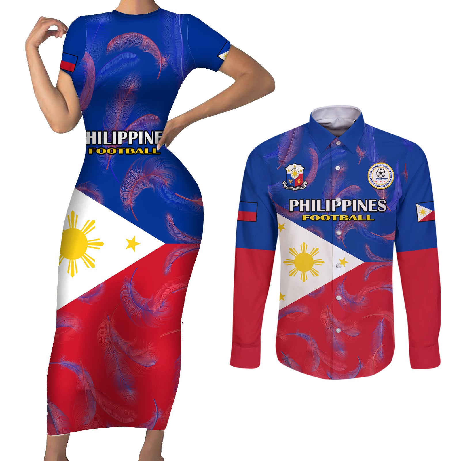 Philippines Football Couples Matching Short Sleeve Bodycon Dress and Long Sleeve Button Shirts 2023 World Cup Go Filipinas Feather Flag Version LT14 Blue - Polynesian Pride