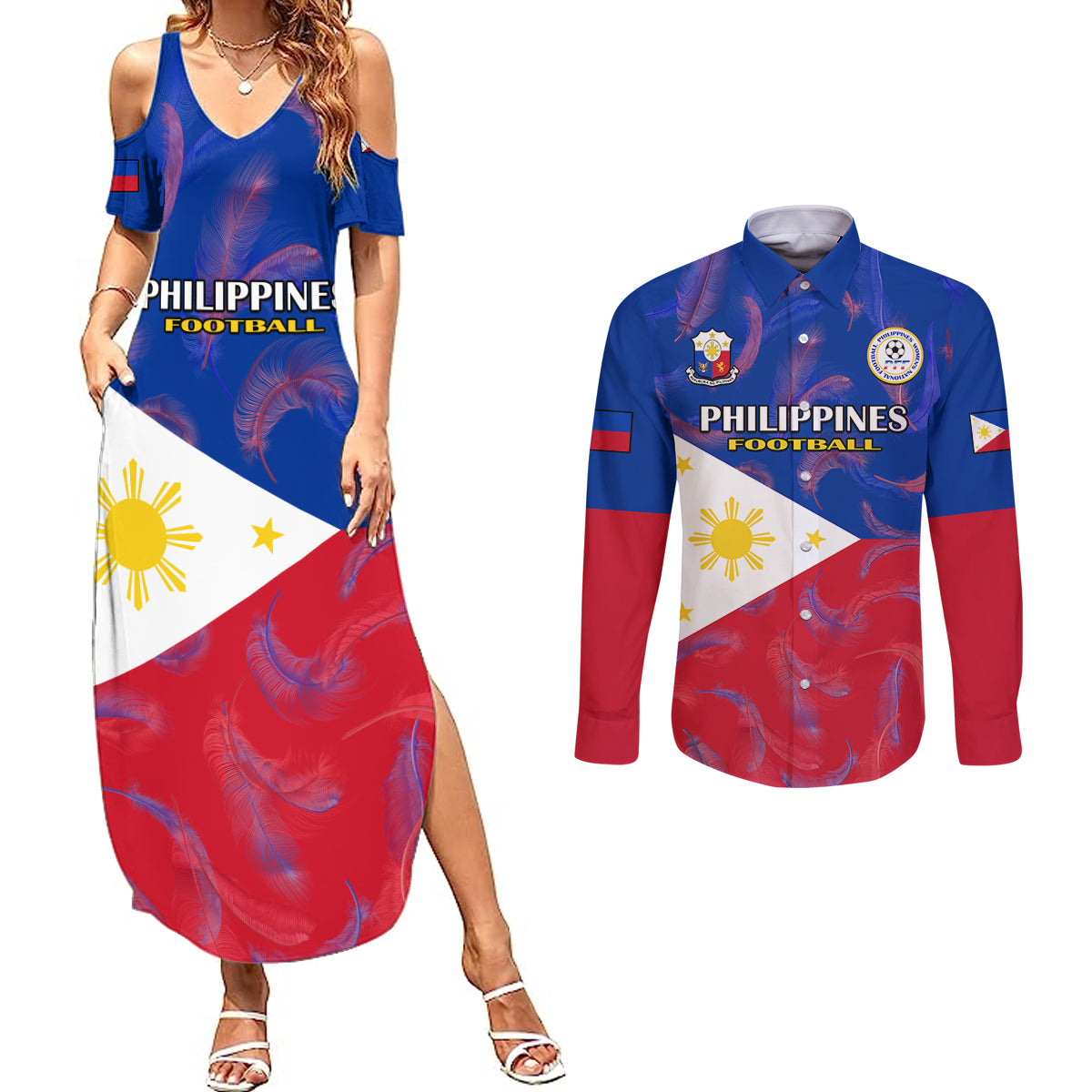 Philippines Football Couples Matching Summer Maxi Dress and Long Sleeve Button Shirts 2023 World Cup Go Filipinas Feather Flag Version LT14 Blue - Polynesian Pride