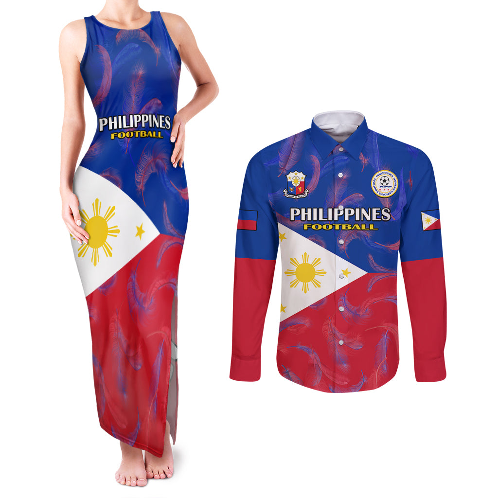 Philippines Football Couples Matching Tank Maxi Dress and Long Sleeve Button Shirts 2023 World Cup Go Filipinas Feather Flag Version LT14 Blue - Polynesian Pride