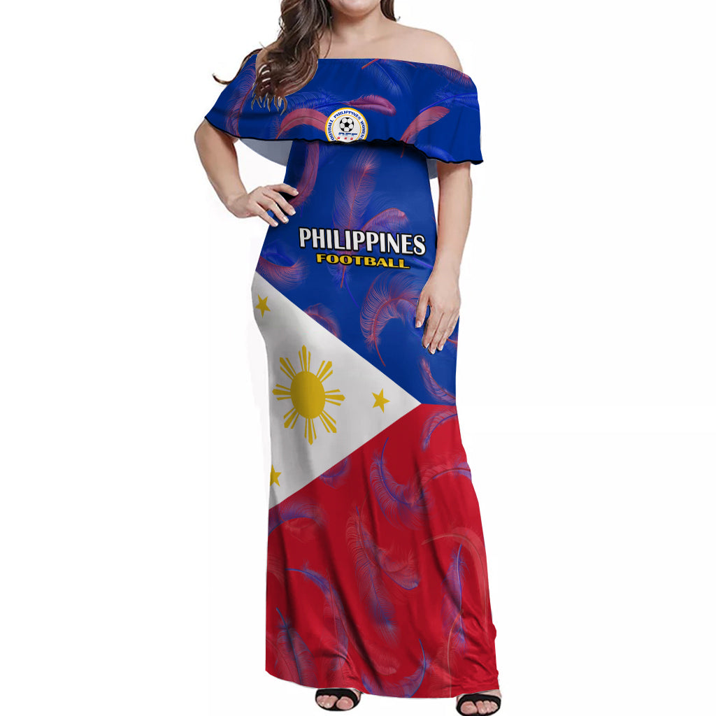 Philippines Football Off Shoulder Maxi Dress 2023 World Cup Go Filipinas Feather Flag Version LT14 Women Blue - Polynesian Pride