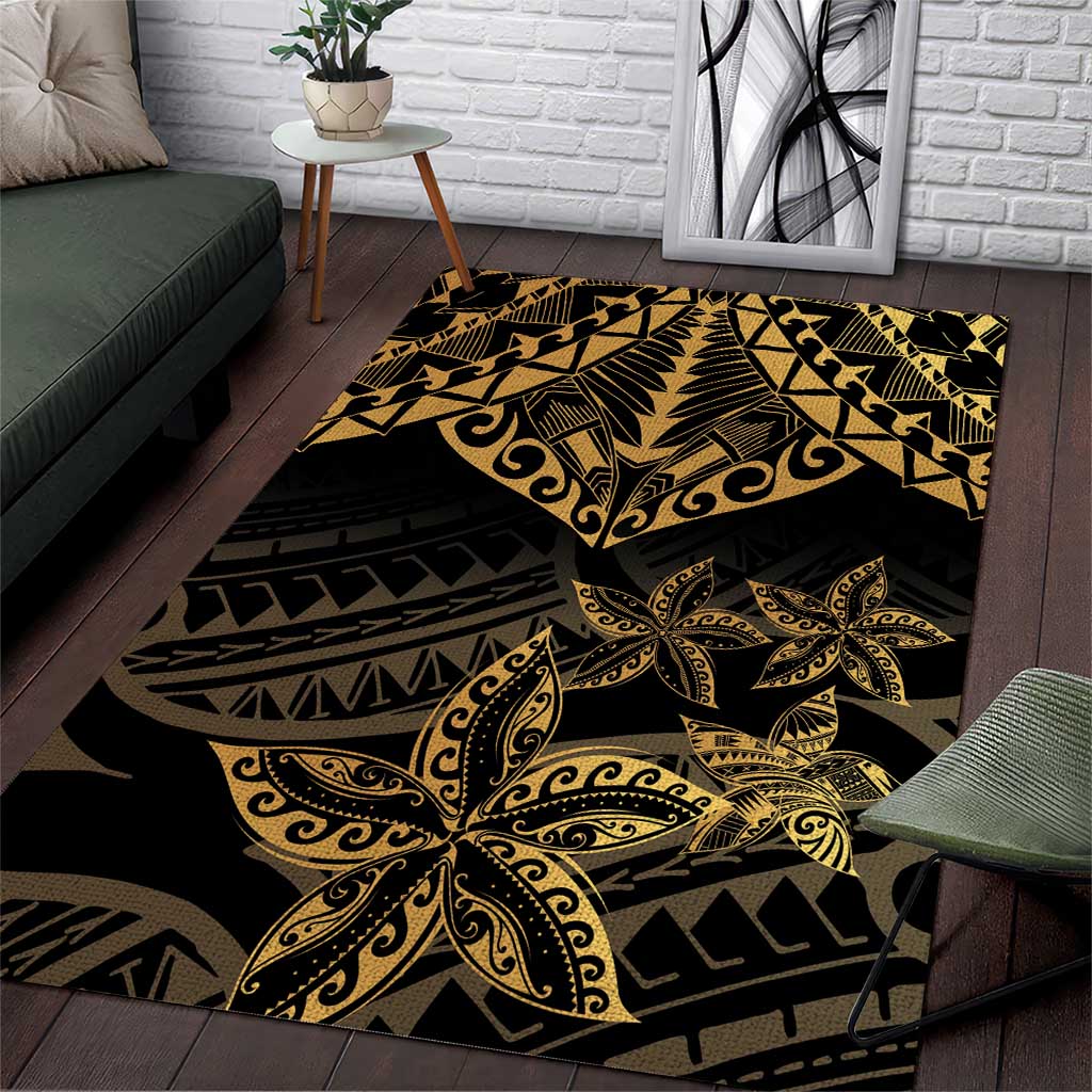 Black and Gold Polynesia Area Rug Plumeria Tattoo With Polynesian Pattern