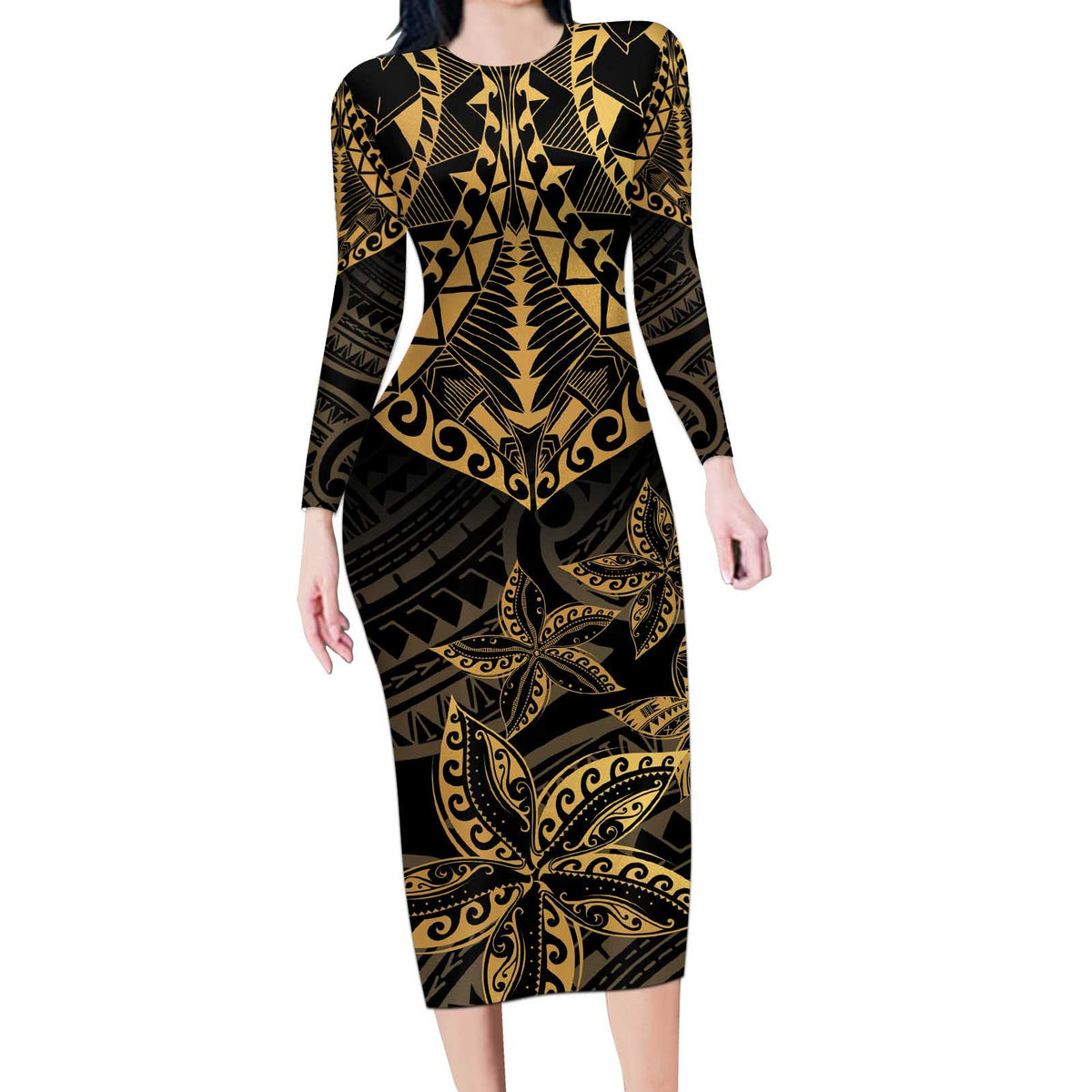 Black and Gold Polynesia Long Sleeve Bodycon Dress Plumeria Tattoo With Polynesian Pattern LT14 Long Dress Black - Polynesian Pride