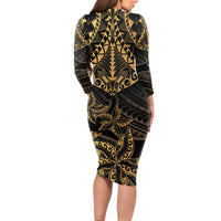 Black and Gold Polynesia Long Sleeve Bodycon Dress Plumeria Tattoo With Polynesian Pattern LT14 - Polynesian Pride