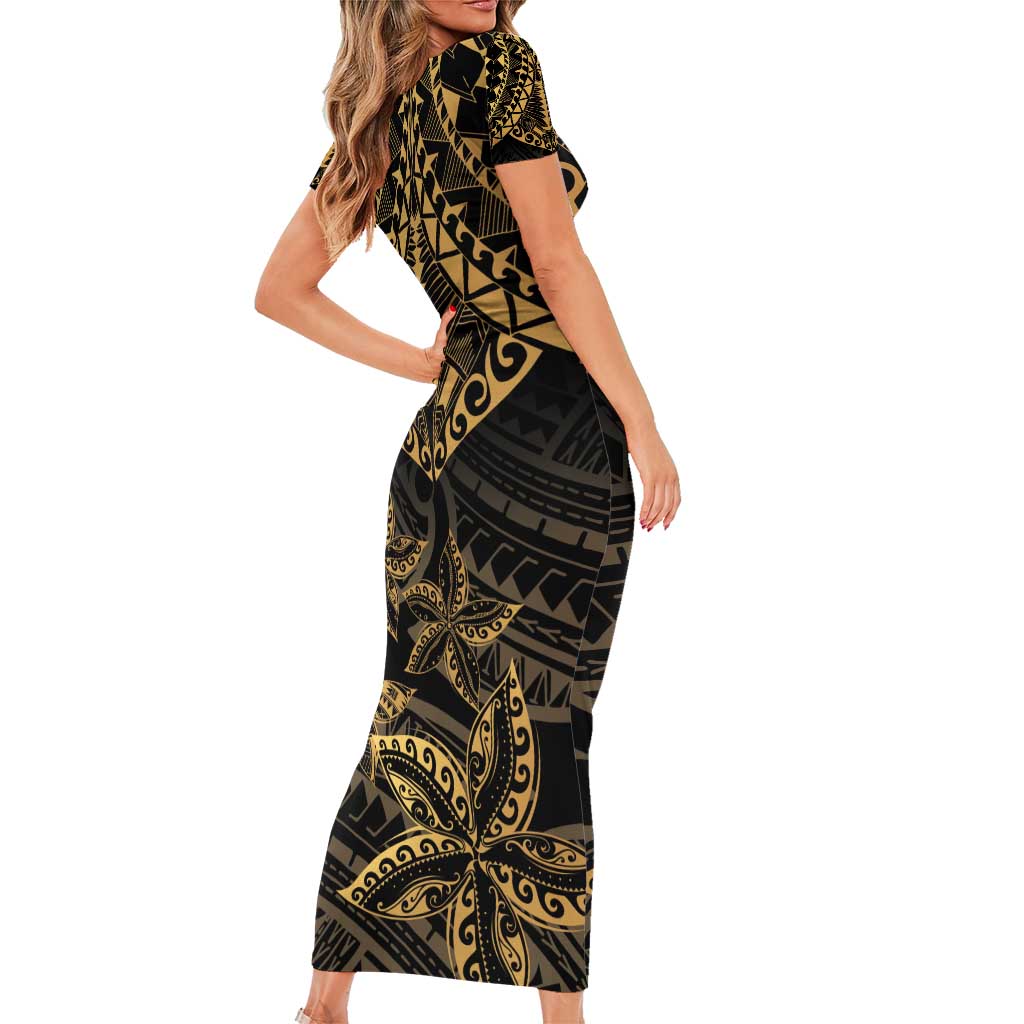 Black and Gold Polynesia Short Sleeve Bodycon Dress Plumeria Tattoo With Polynesian Pattern LT14 - Polynesian Pride