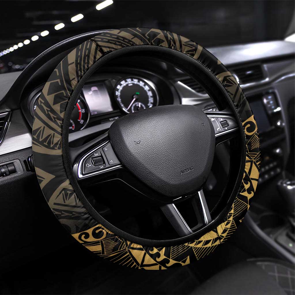 Black and Gold Polynesia Steering Wheel Cover Plumeria Tattoo With Polynesian Pattern