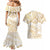 White and Gold Polynesia Couples Matching Mermaid Dress and Hawaiian Shirt Plumeria Tattoo With Polynesian Pattern