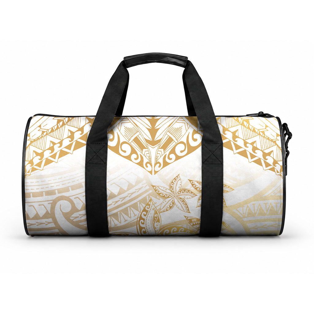 White and Gold Polynesia Duffle Bag Plumeria Tattoo With Polynesian Pattern