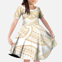 White and Gold Polynesia Kid Short Sleeve Dress Plumeria Tattoo With Polynesian Pattern LT14 KID White - Polynesian Pride