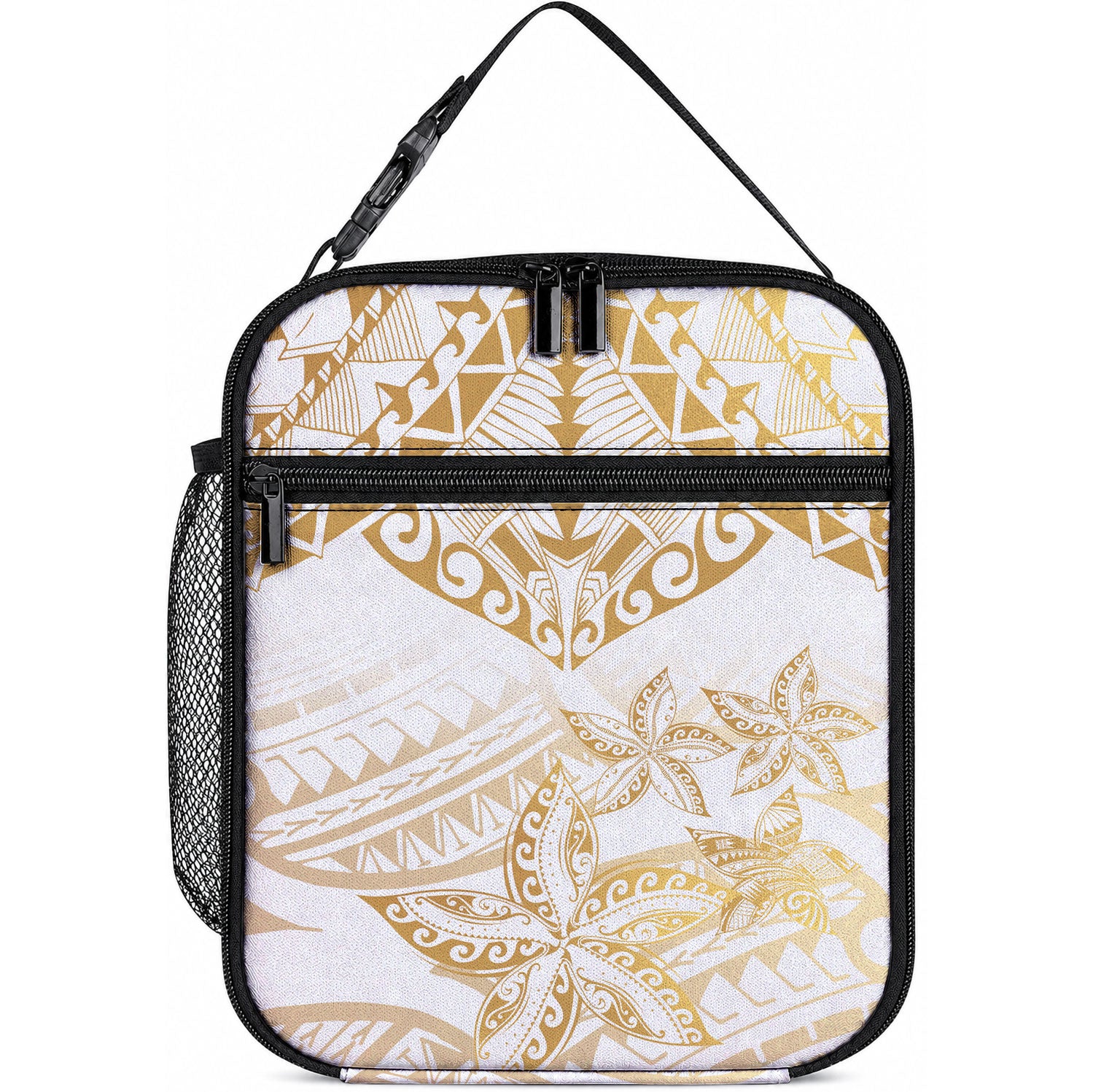 White and Gold Polynesia Lunch Bag Plumeria Tattoo With Polynesian Pattern