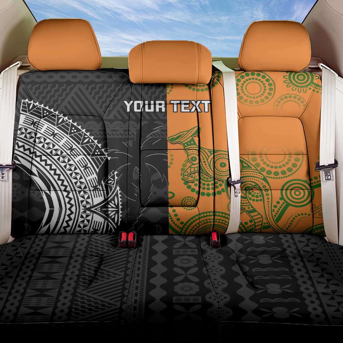 Custom Fiji And Australia Rugby Back Car Seat Cover Fijian Tapa Pattern With Aussie Aboriginal Art LT14 One Size Black - Polynesian Pride