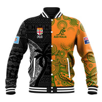 Custom Fiji And Australia Rugby Baseball Jacket Fijian Tapa Pattern With Aussie Aboriginal Art LT14 Unisex Black - Polynesian Pride