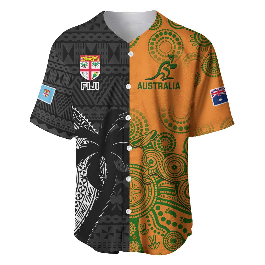 Custom Fiji And Australia Rugby Baseball Jersey Fijian Tapa Pattern With Aussie Aboriginal Art LT14 Black - Polynesian Pride