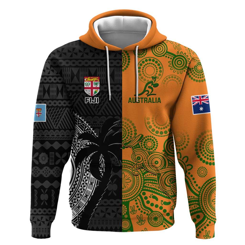 Custom Fiji And Australia Rugby Hoodie Fijian Tapa Pattern With Aussie Aboriginal Art LT14 Pullover Hoodie Black - Polynesian Pride