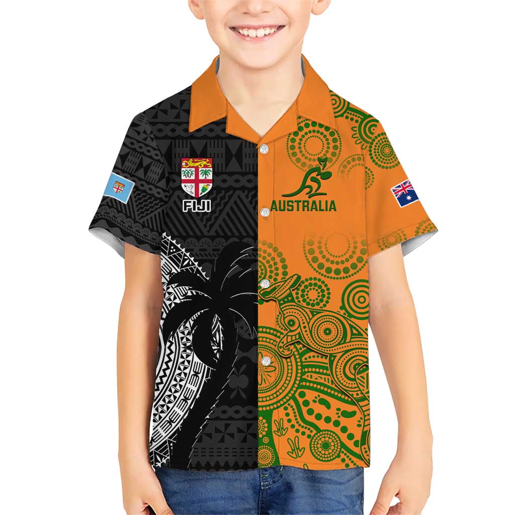 Custom Fiji And Australia Rugby Kid Hawaiian Shirt Fijian Tapa Pattern With Aussie Aboriginal Art LT14 Kid Black - Polynesian Pride