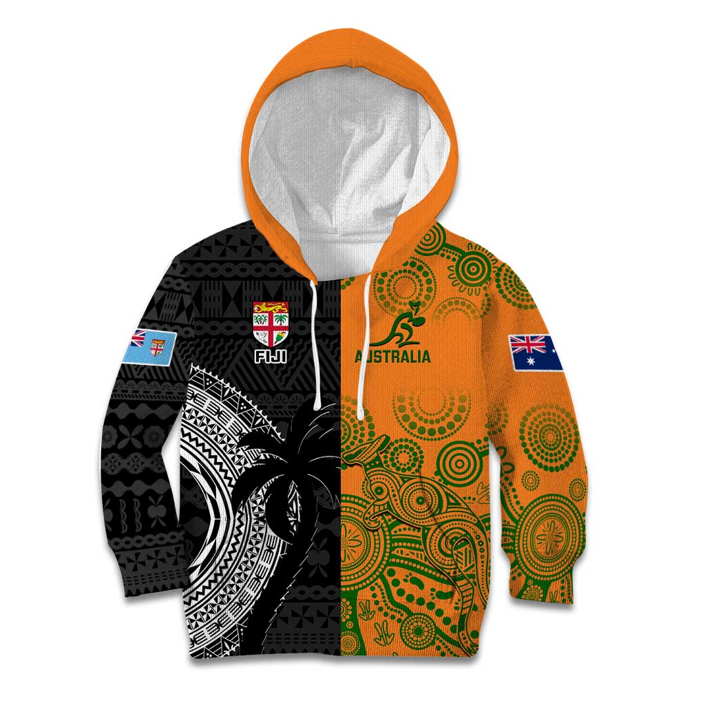 Custom Fiji And Australia Rugby Kid Hoodie Fijian Tapa Pattern With Aussie Aboriginal Art LT14 Hoodie Black - Polynesian Pride