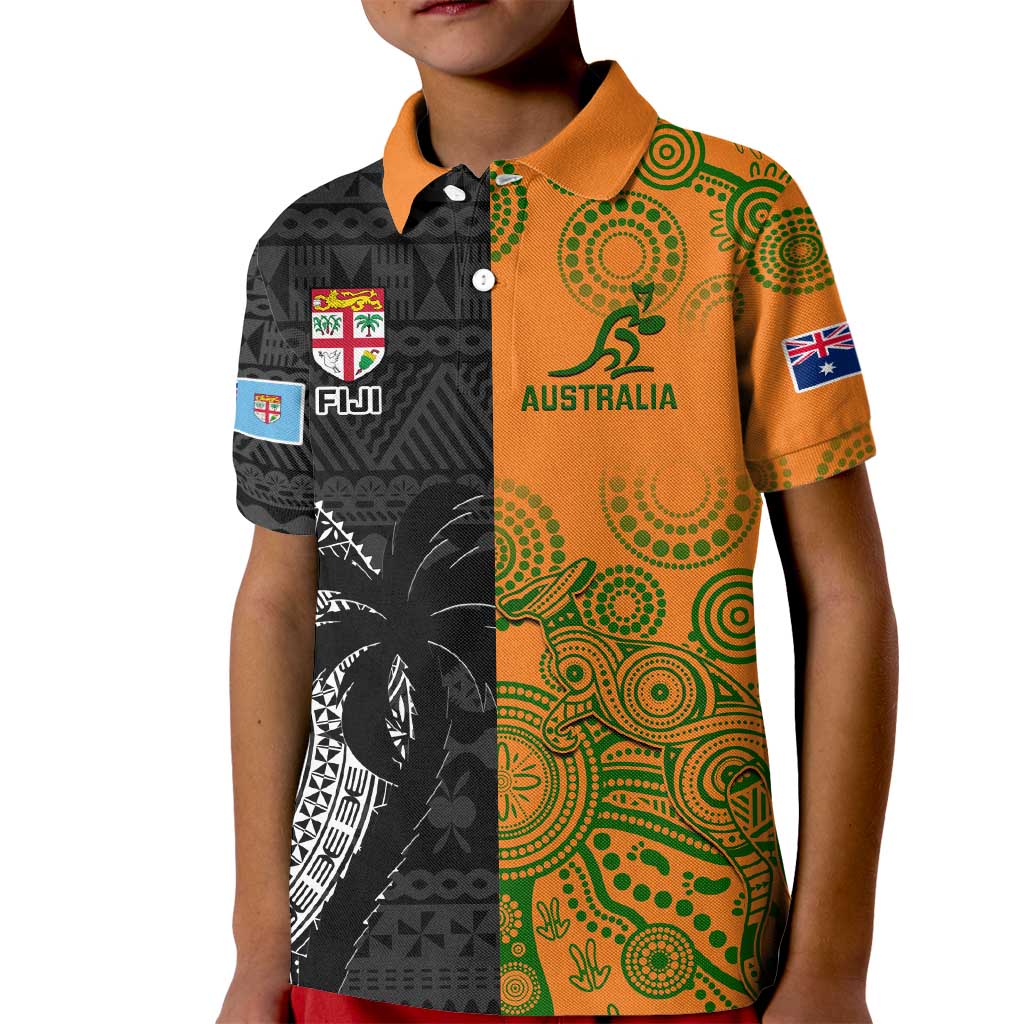 Custom Fiji And Australia Rugby Kid Polo Shirt Fijian Tapa Pattern With Aussie Aboriginal Art LT14 Kid Black - Polynesian Pride