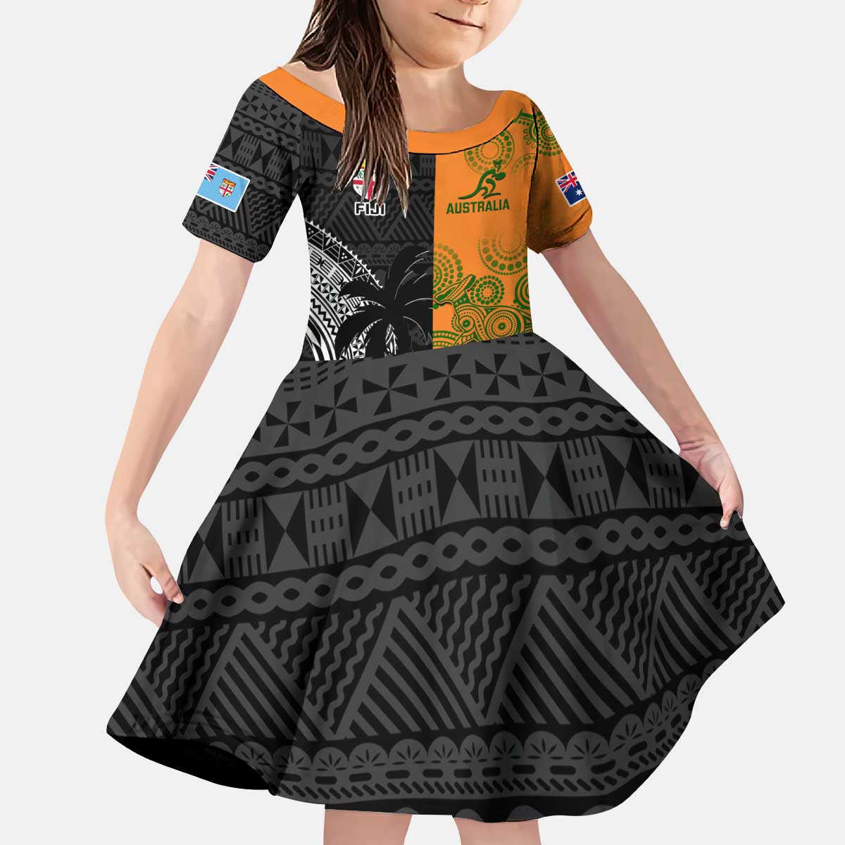 Custom Fiji And Australia Rugby Kid Short Sleeve Dress Fijian Tapa Pattern With Aussie Aboriginal Art LT14 KID Black - Polynesian Pride