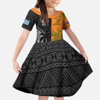 Custom Fiji And Australia Rugby Kid Short Sleeve Dress Fijian Tapa Pattern With Aussie Aboriginal Art LT14 KID Black - Polynesian Pride