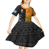 Custom Fiji And Australia Rugby Kid Short Sleeve Dress Fijian Tapa Pattern With Aussie Aboriginal Art LT14 - Polynesian Pride