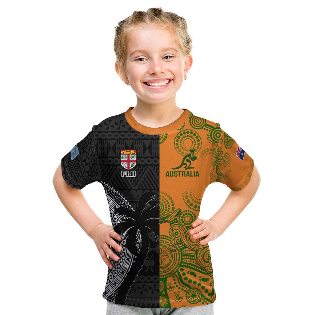 Custom Fiji And Australia Rugby Kid T Shirt Fijian Tapa Pattern With Aussie Aboriginal Art LT14 Black - Polynesian Pride