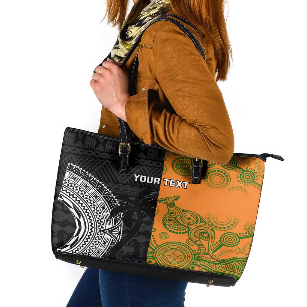 Custom Fiji And Australia Rugby Leather Tote Bag Fijian Tapa Pattern With Aussie Aboriginal Art LT14 Black - Polynesian Pride