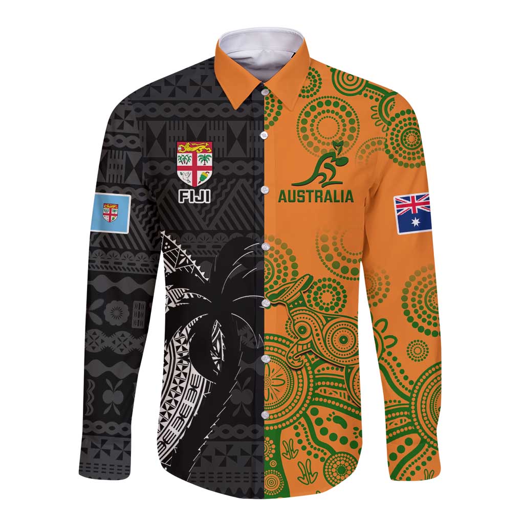 Custom Fiji And Australia Rugby Long Sleeve Button Shirt Fijian Tapa Pattern With Aussie Aboriginal Art LT14 Unisex Black - Polynesian Pride