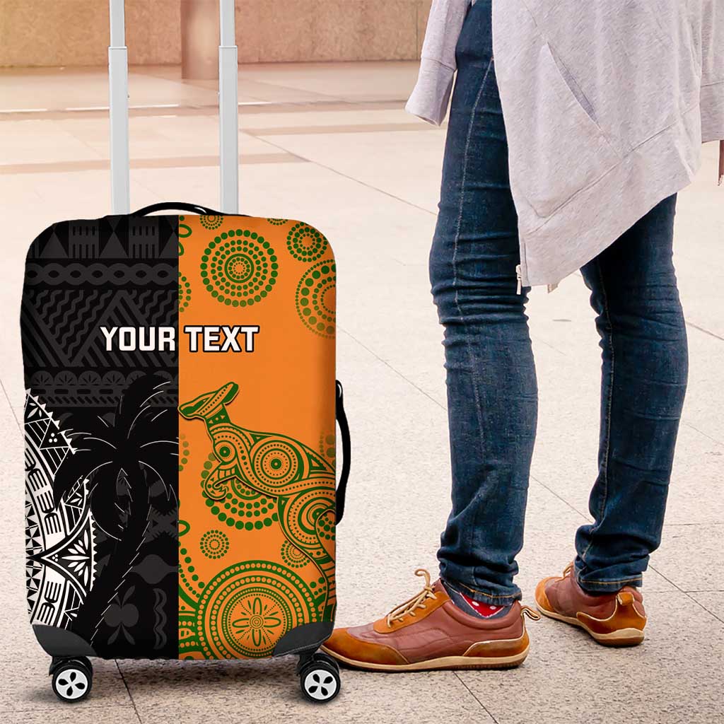 Custom Fiji And Australia Rugby Luggage Cover Fijian Tapa Pattern With Aussie Aboriginal Art LT14 Black - Polynesian Pride