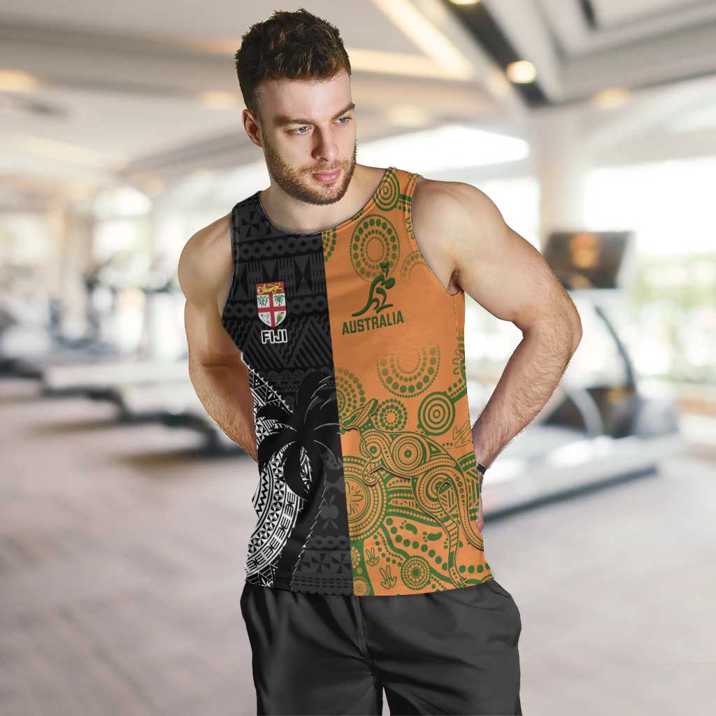 Custom Fiji And Australia Rugby Men Tank Top Fijian Tapa Pattern With Aussie Aboriginal Art LT14 Black - Polynesian Pride