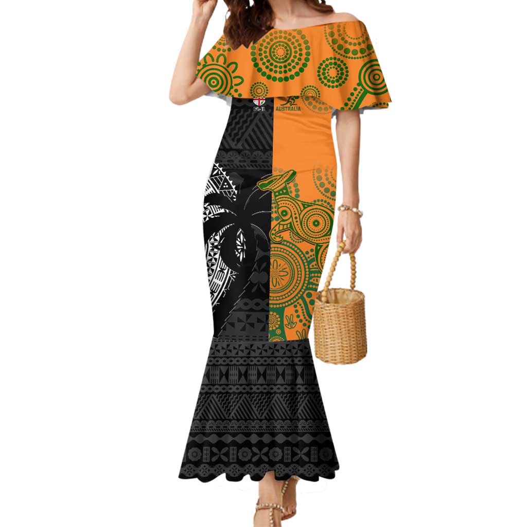Custom Fiji And Australia Rugby Mermaid Dress Fijian Tapa Pattern With Aussie Aboriginal Art LT14 Women Black - Polynesian Pride