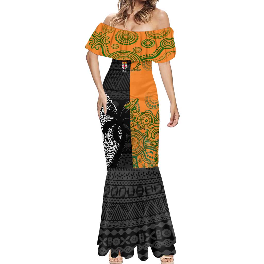 Custom Fiji And Australia Rugby Mermaid Dress Fijian Tapa Pattern With Aussie Aboriginal Art LT14 - Polynesian Pride